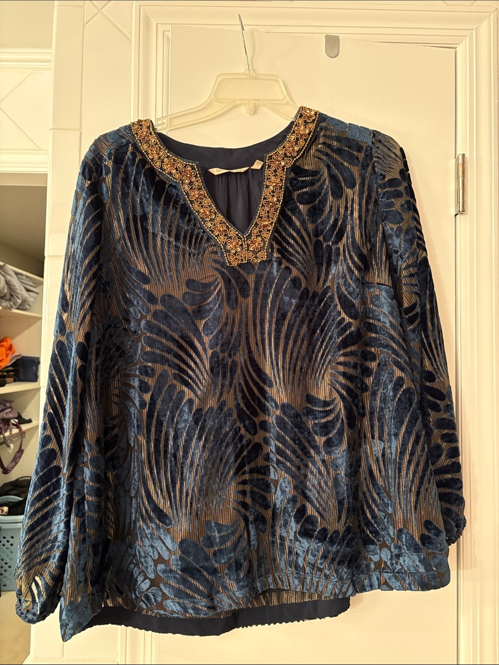 Soft Surroundings Navy and Gold Velvet Devore Blouse